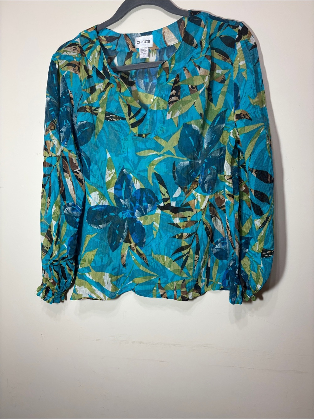 Chico's 100% Silk Teal & Green Tropical Print Long-Sleeve Blouse